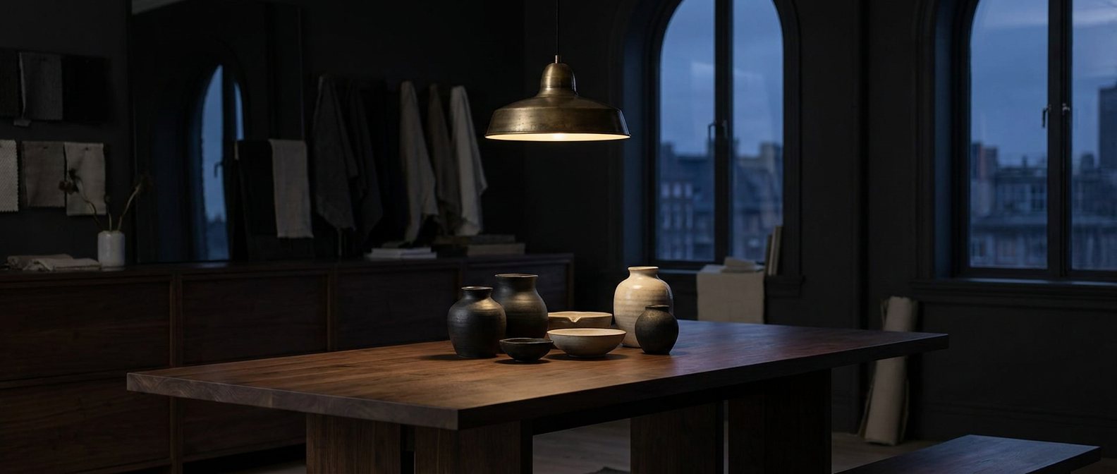 Walnut table and ceramics under a brass pendant