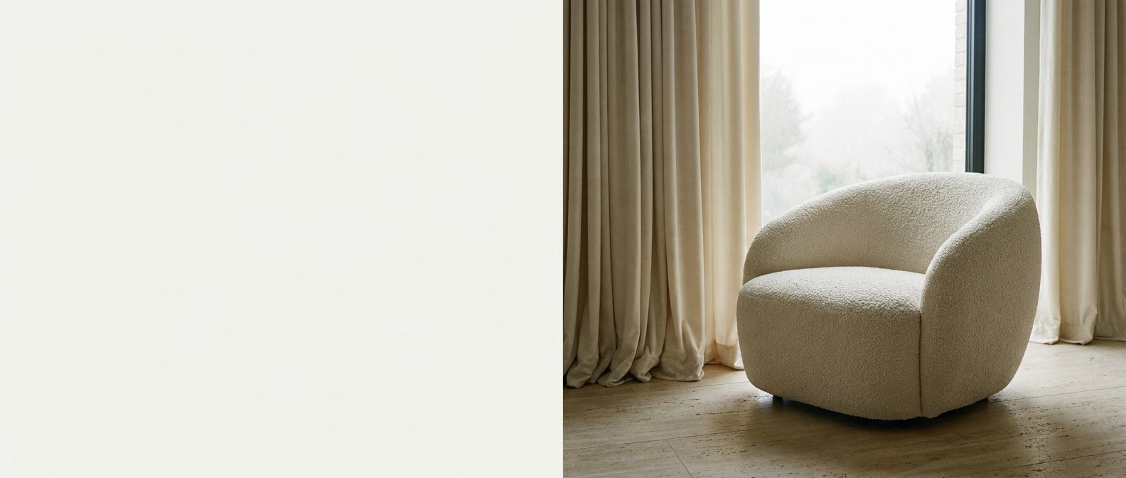 Silk velvet drapery and boucle lounge chair